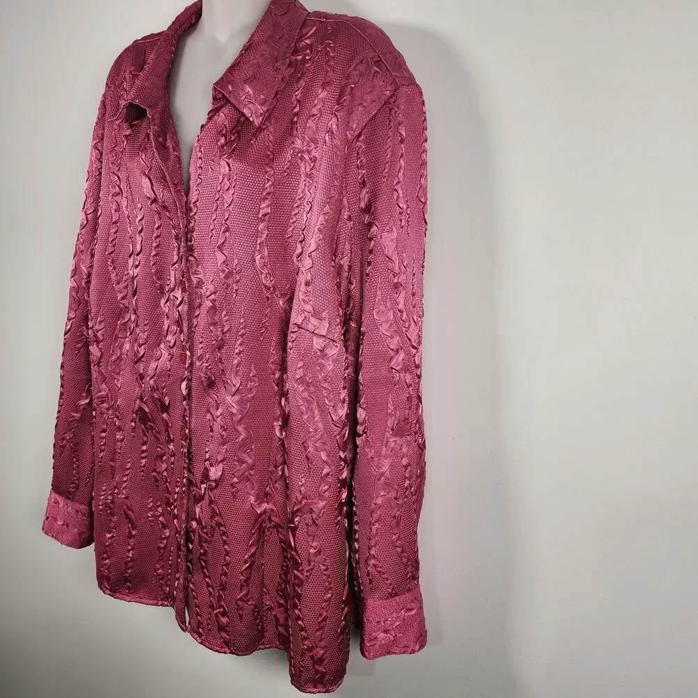 Maggie Barnes Womens Shirt Plus 2X Textured Satin Crinkle Button Front Feminine